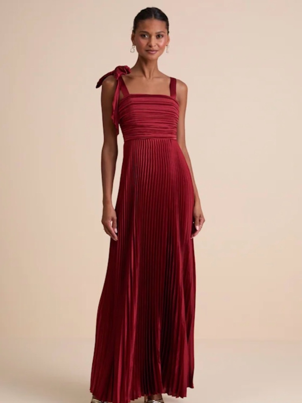 Lulus Gorgeous Purpose Red Satin Pleated Sleeveless Bow Maxi Dress
